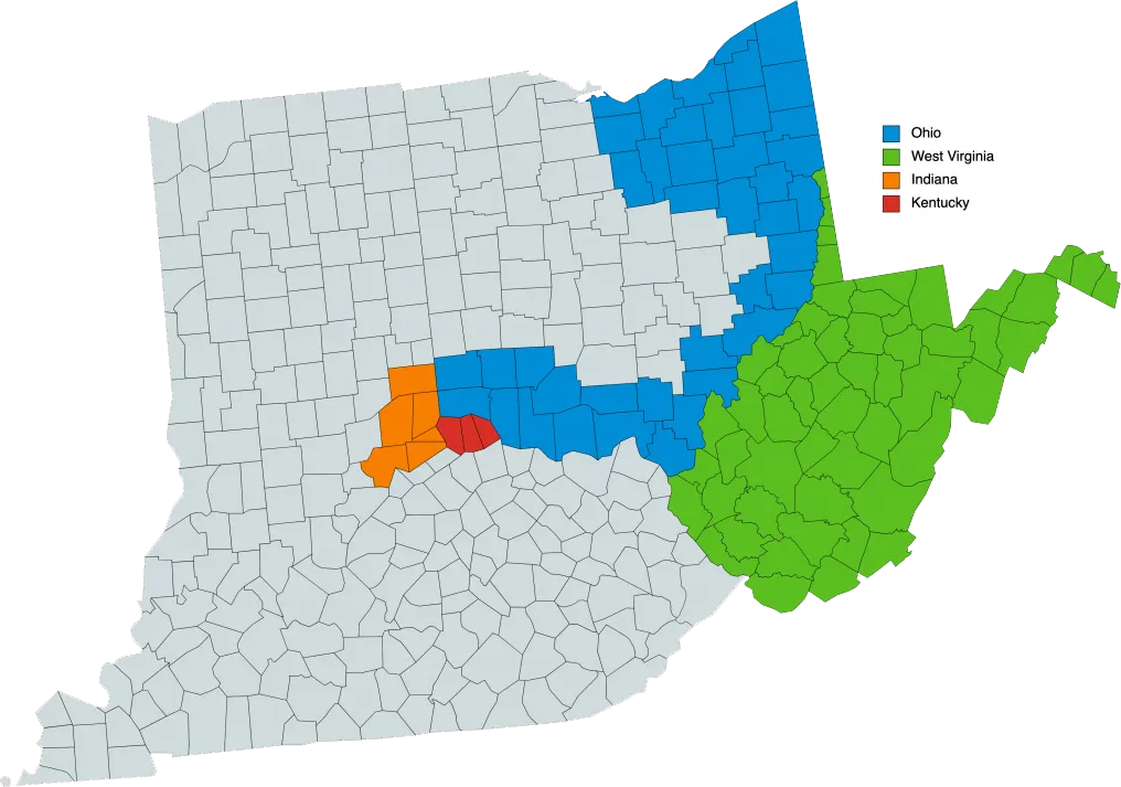 Map of all areas served including Ohio, West Viginia, Indiana and Kentucky